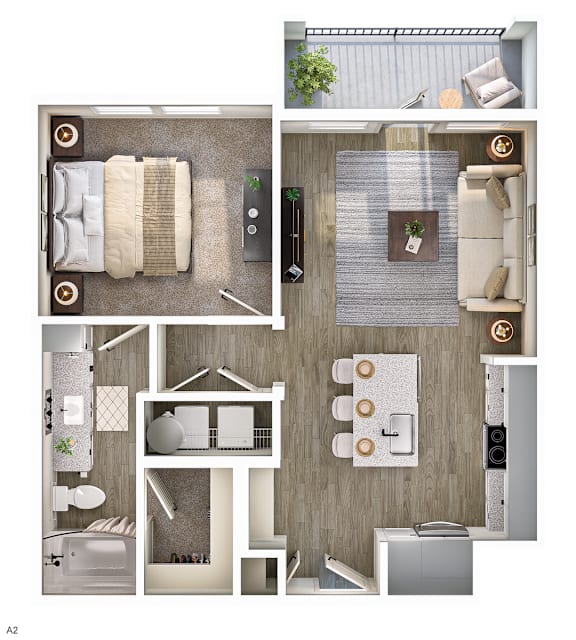 A floor plan of a small apartment with a bedroom, living room, and kitchen.