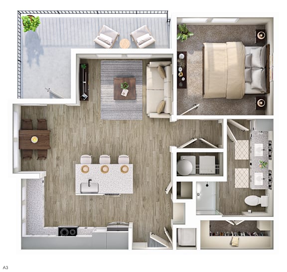 A 3D floor plan of a house with a living room, kitchen, and bathroom.