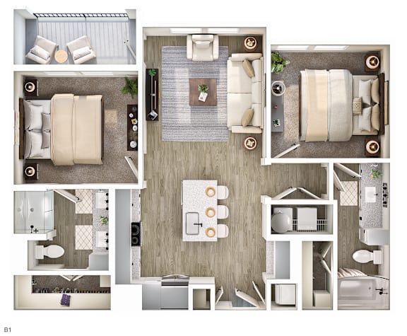 A series of images showing different layouts of a living room, kitchen, and bathroom.