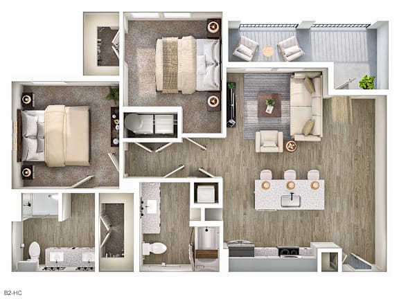 A series of images showing different layouts of a bedroom, living room, and kitchen.
