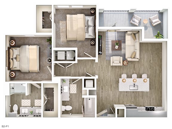 A series of images showing different layouts of a bedroom, bathroom, and living room.