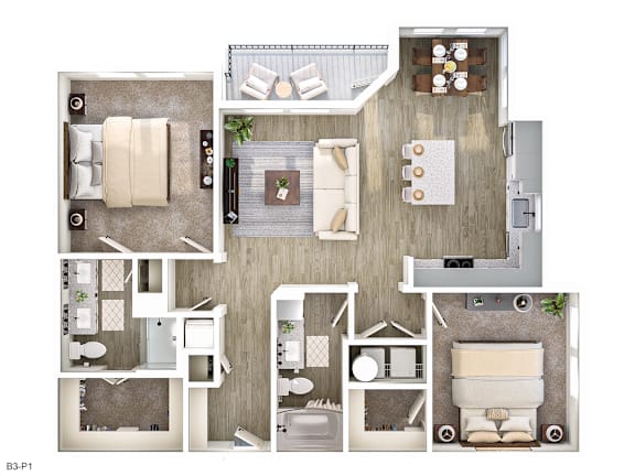 A floor plan of a small apartment with a kitchen, living room, and two bedrooms.