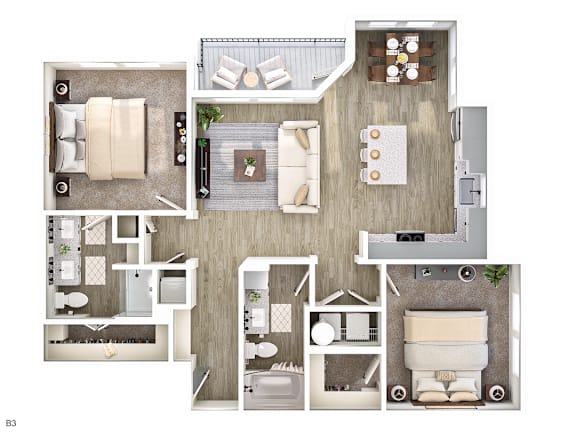 A floor plan of a house with a living room, kitchen, and three bedrooms.