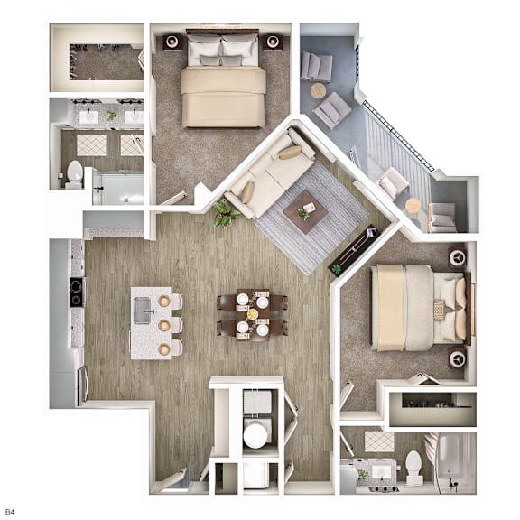 A floor plan of a house with a living room, kitchen, and two bedrooms.
