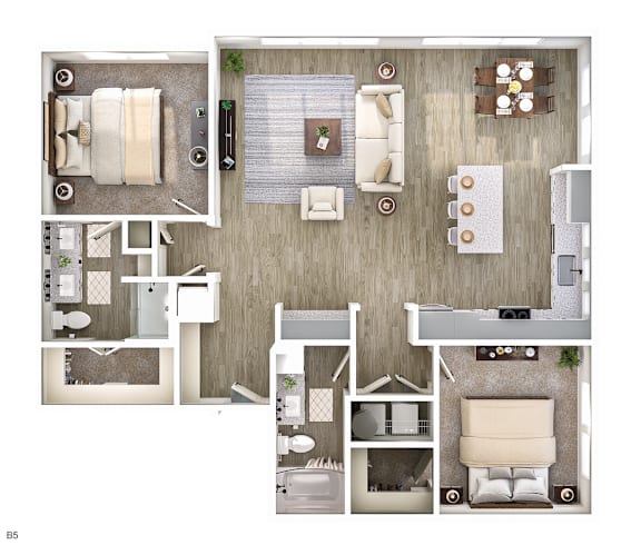 A floor plan of a house with a living room, dining room, kitchen, and two bedrooms.