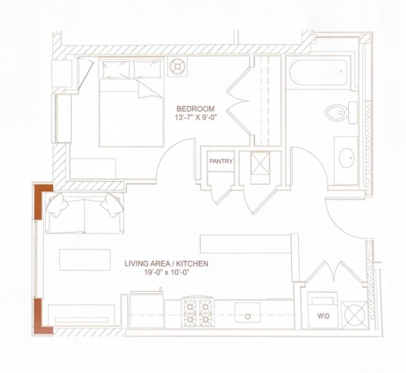 A floor plan of a house with a bedroom, pantry, and living area/kitchen.