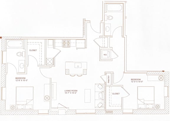 A floor plan of a house with two bedrooms, a living room, a kitchen, a pantry, and two closets.