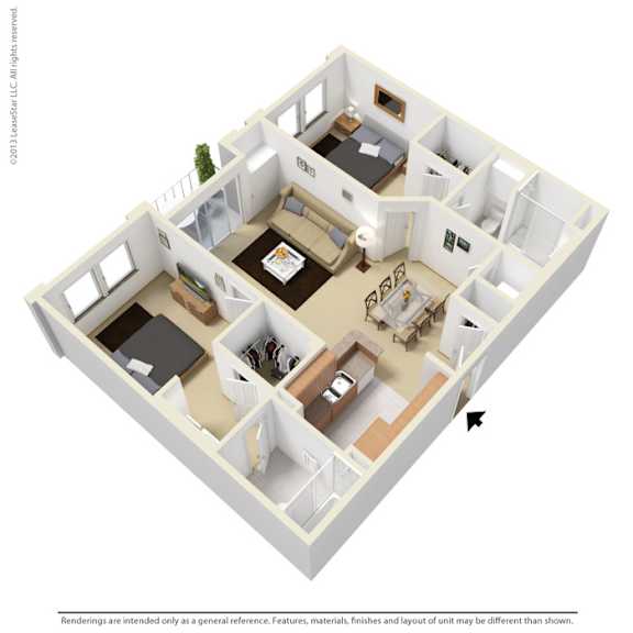 A 3D floor plan of a house with a kitchen, living room, and bedrooms.