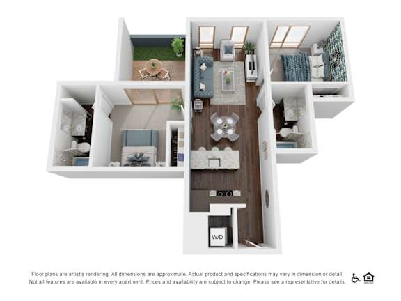 A 3D floor plan of an apartment showing a kitchen, living room, and two bedrooms.