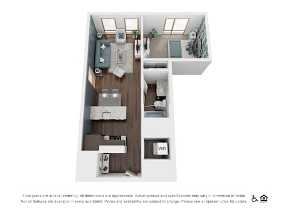 A floor plan of a small apartment with a kitchen, living room, and bedroom.