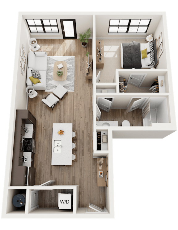 3D Floor Plan of The Ford with a living room, kitchen, and bedroom.