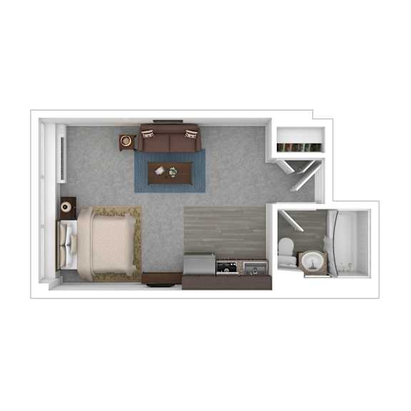 A top-down view of a small apartment with a bed, a couch, a desk, and a chair.