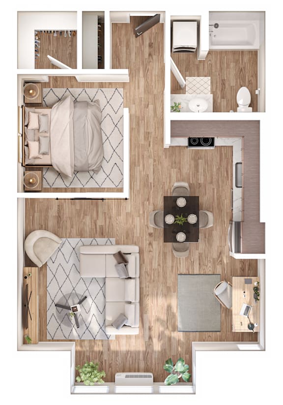 A top-down view of a small apartment with a kitchen, living room, and bathroom.