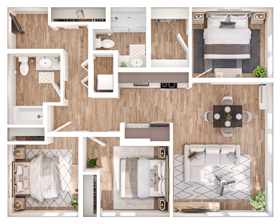 A top-down view of a house layout with multiple rooms and furniture.