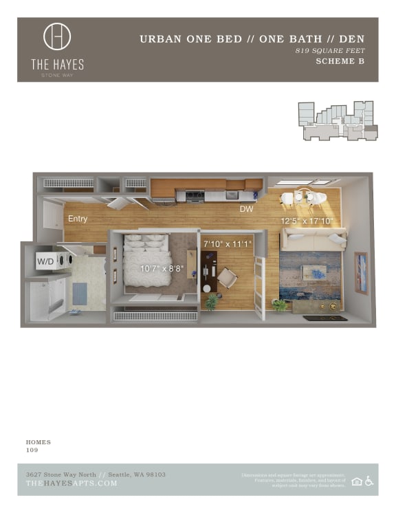 The Hayes on Stone Way Open with Den 1A Floor Plan at The Hayes on Stone Way, Seattle, WA, 98103