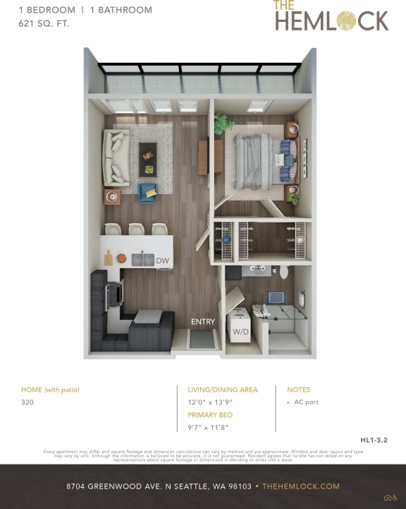 The Hemlock 1 Bed 1 Bath 3.2 Floor Plan at The Hemlock, Washington