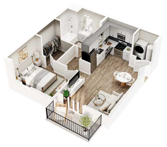 A top down view of a small apartment with a kitchen, living room, and bathroom.