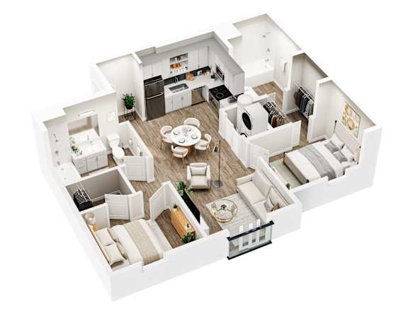 A white and wood floor plan of a house with a kitchen, living room, dining room, and two bedrooms.