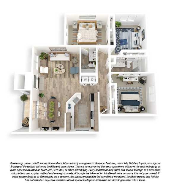 A floor plan of a two-bedroom apartment with a living room, kitchen, and bathroom.