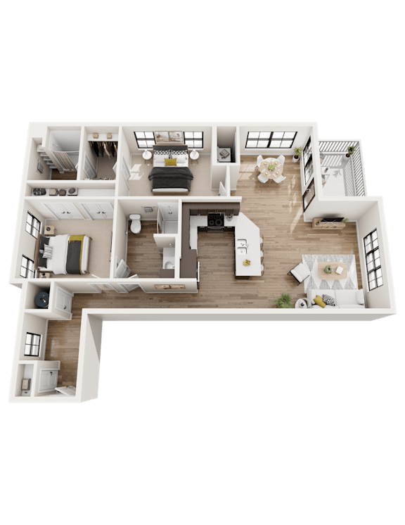 A 3D floor plan of a house with multiple rooms and furniture.