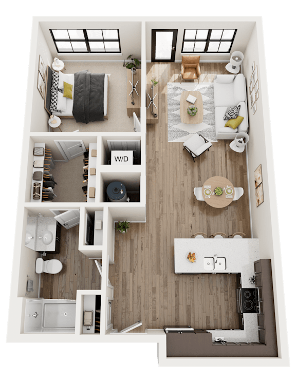 3D Floor Plan of The Maple with a living room, kitchen, and bedroom.