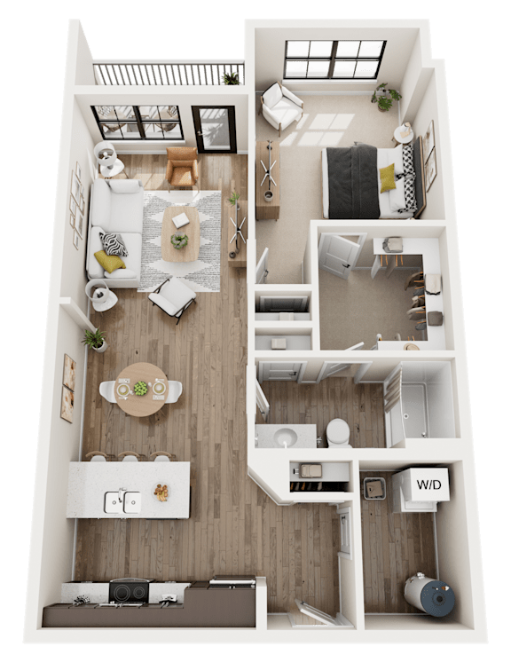A top-down view of a small apartment with a kitchen, living room, and bedroom.