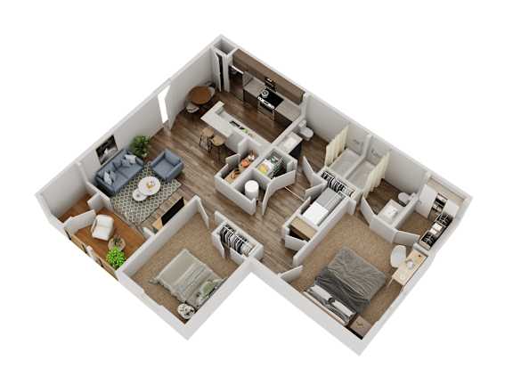 A 3D floor plan of a small apartment with a living room, kitchen, and two bedrooms.