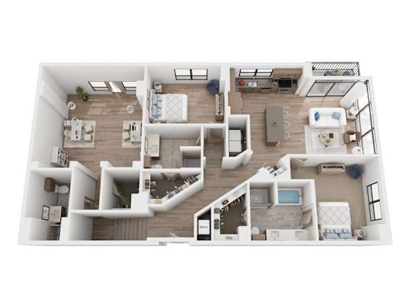 A top-down view of a house interior with a kitchen, living room, and bedrooms.