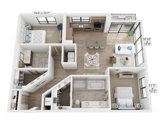 A floor plan of a two-bedroom apartment with a living room, kitchen, and bathroom.
