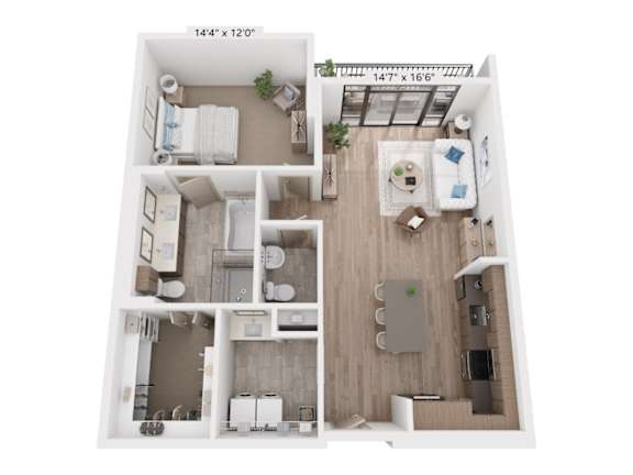 A 3D floor plan of a small apartment with a living room, kitchen, and bathroom.