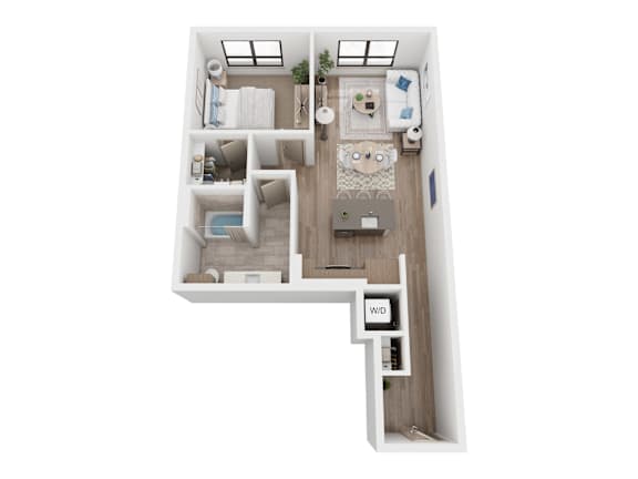 A top down view of a small apartment with a kitchen, living room, and bathroom.