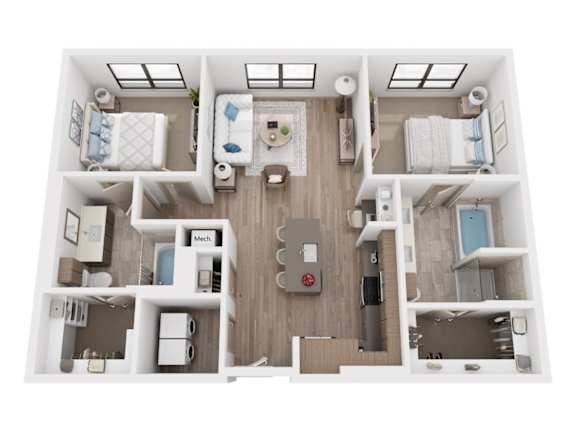 Floor Plan  A top-down view of a small apartment layout with a kitchen, living room, and bedrooms.