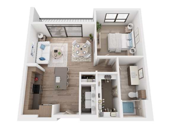 Floor Plan  A top-down view of a small apartment with a kitchen, living room, and bathroom.