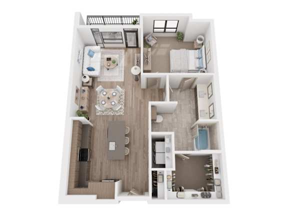 A top-down view of a small apartment with a kitchen, living room, and bathroom.