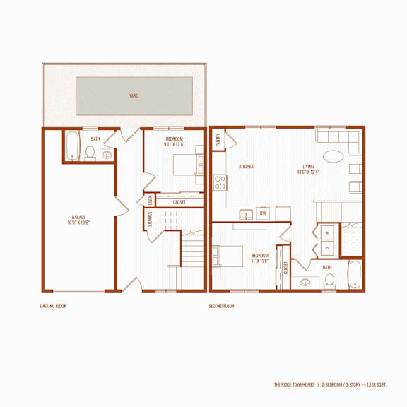 A floor plan of a two-bedroom, two-story townhouse with a garage.
