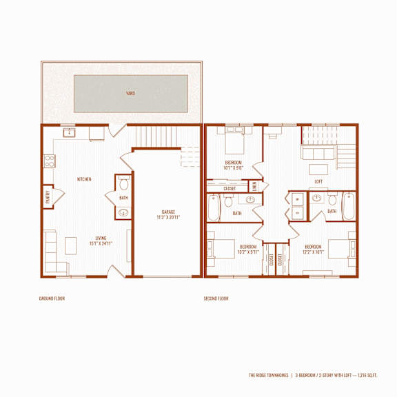 A floor plan of a house with a garage, living room, kitchen, and two bedrooms.