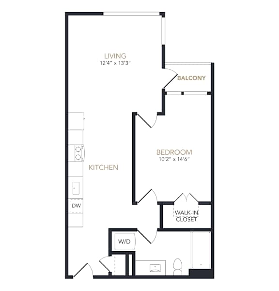 A black and white image of a floor plan for a one bedroom apartment.