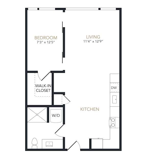 A black and white image of a floor plan for a small apartment.