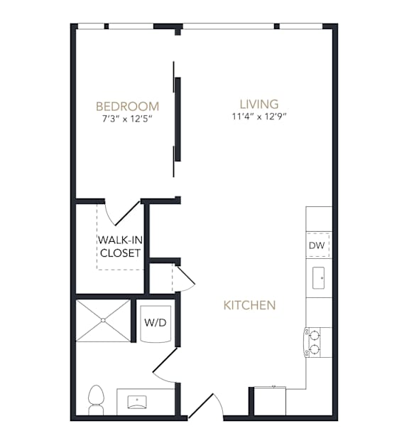 A black and white image of a floor plan for a small apartment.