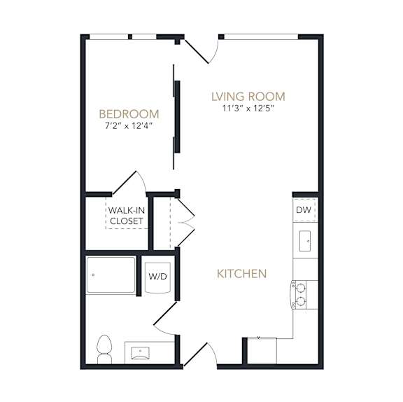 A black and white image of a floor plan for a living room, bedroom, and kitchen.
