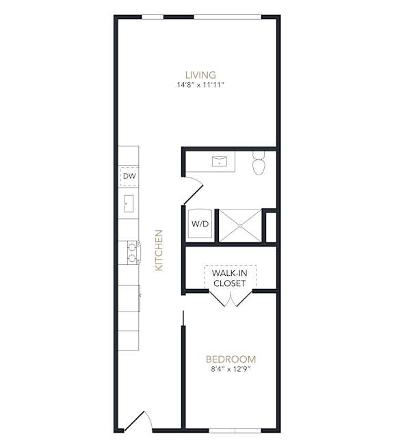 A drawing of a floor plan for an apartment with a living room, kitchen, walk-in closet, and bedroom.