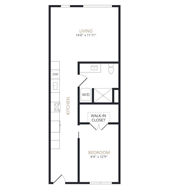 A black and white image of a living room, kitchen, and bedroom floor plan.