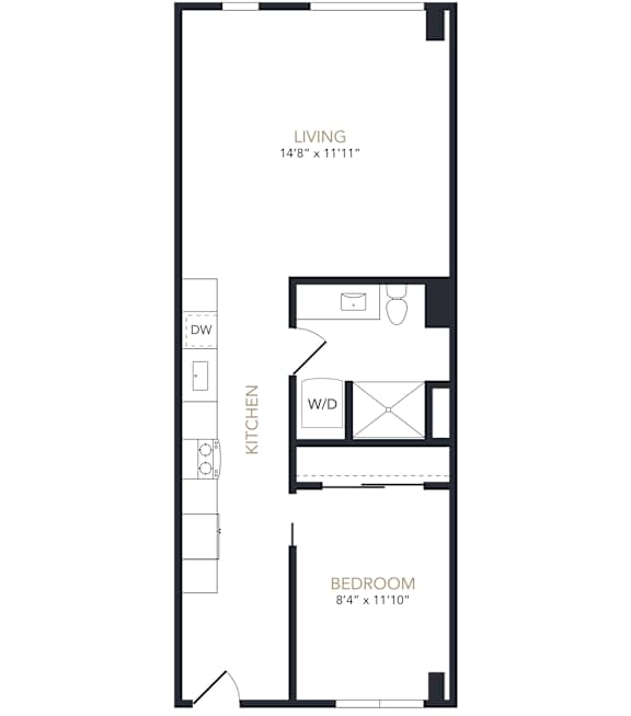 A floor plan of a one bedroom apartment with a kitchen and living room.
