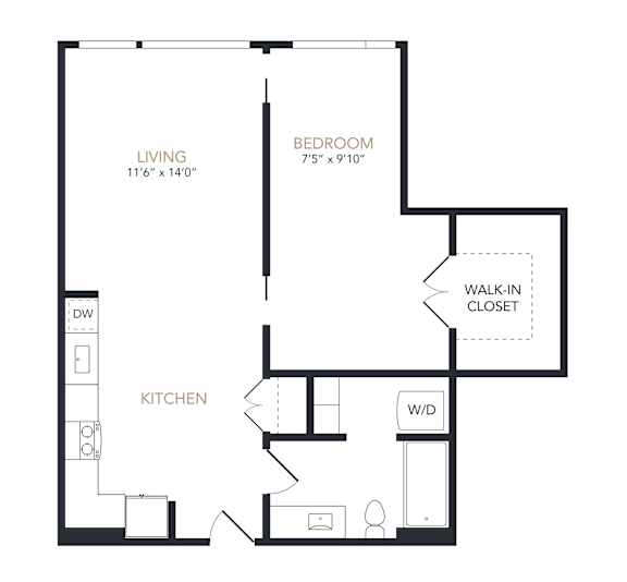 A black and white image of a floor plan for a home with a living room, bedroom, and kitchen.
