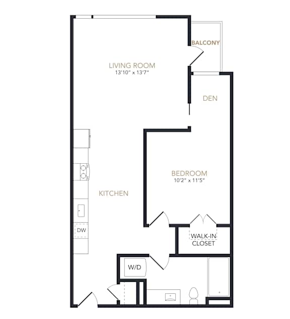 A black and white image of a floor plan for a living room, kitchen, and bedroom.