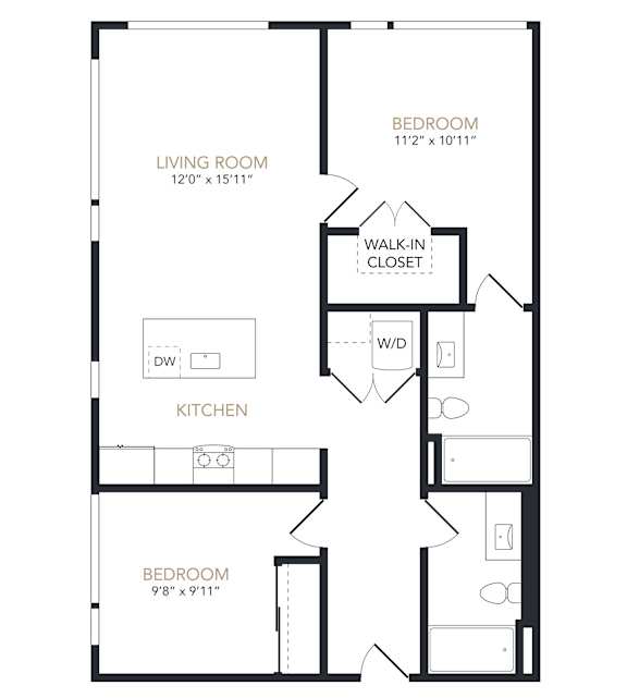 A black and white image of a floor plan for a home with a living room, kitchen, and two bedrooms.