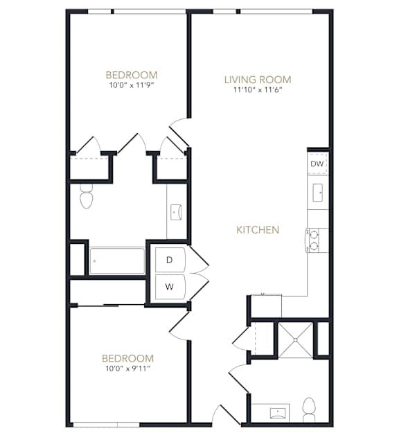 A black and white image of a floor plan for a home with three bedrooms, a living room, and a kitchen.