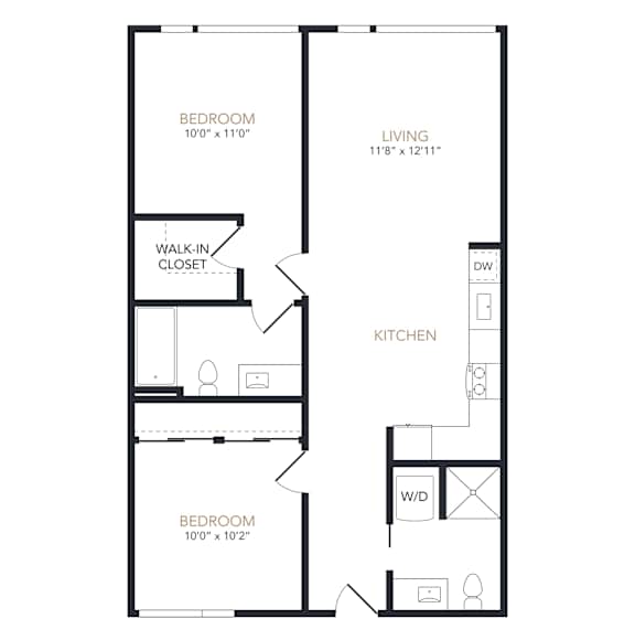 A black and white image of a floor plan for a two bedroom apartment.