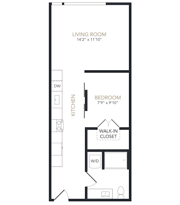 A black and white image of a floor plan for a one bedroom apartment.