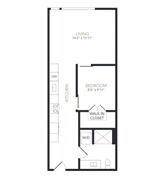 A black and white drawing of a living room, bedroom, and kitchen.